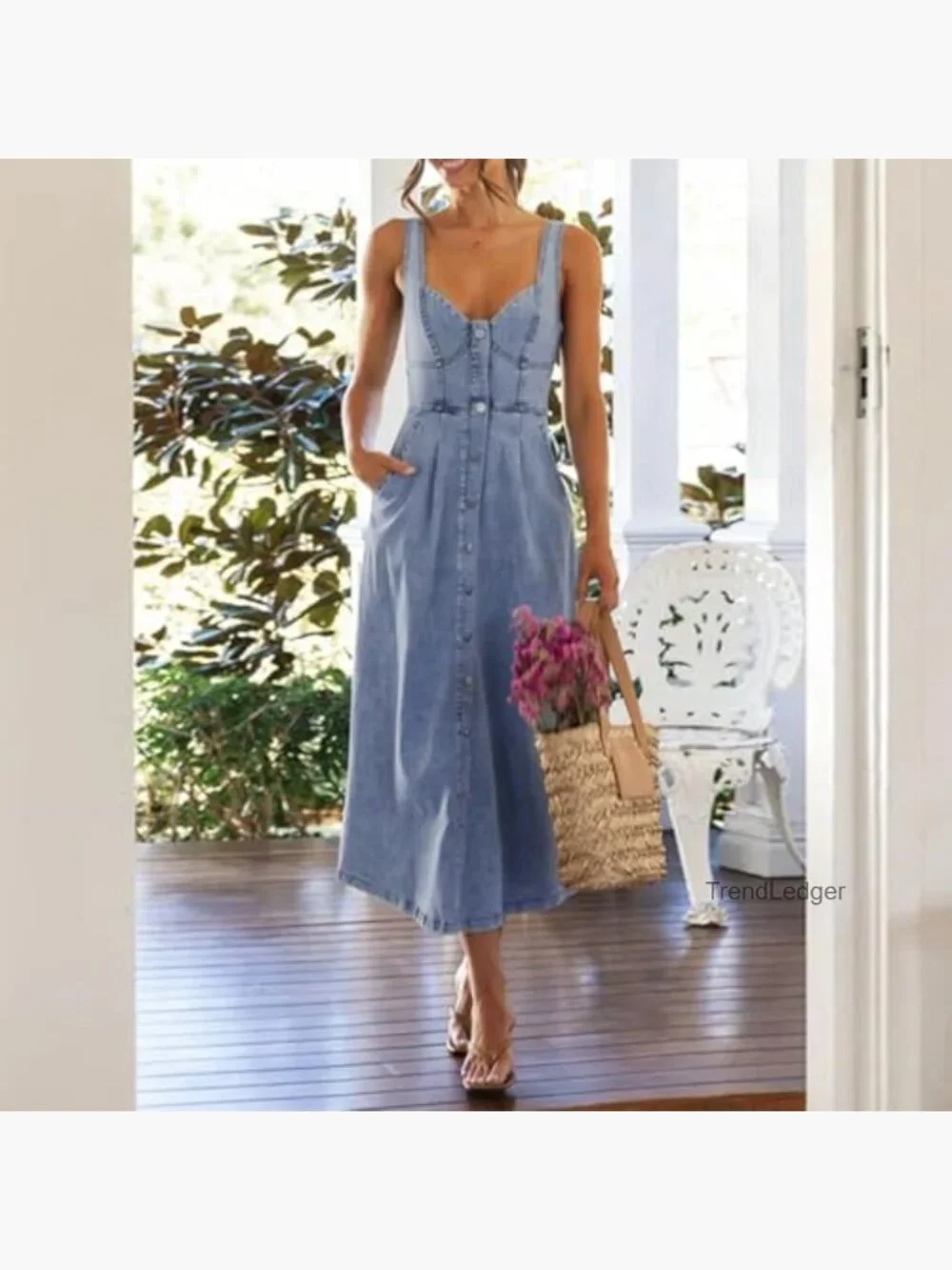Sleeveless Button Down Slim Fit Midi Jean Dress A-Line - Picture 4 of 7